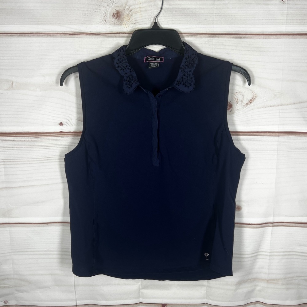 Golftini Sleeveless Polo Shirt Womens XXL Navy Blue Solid Eyelet Collar Golf Top
